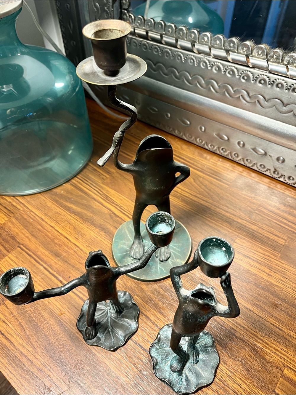 SPI Bronze Oxidized Verdigris Frog candlesticks x3 metal Art vintage
